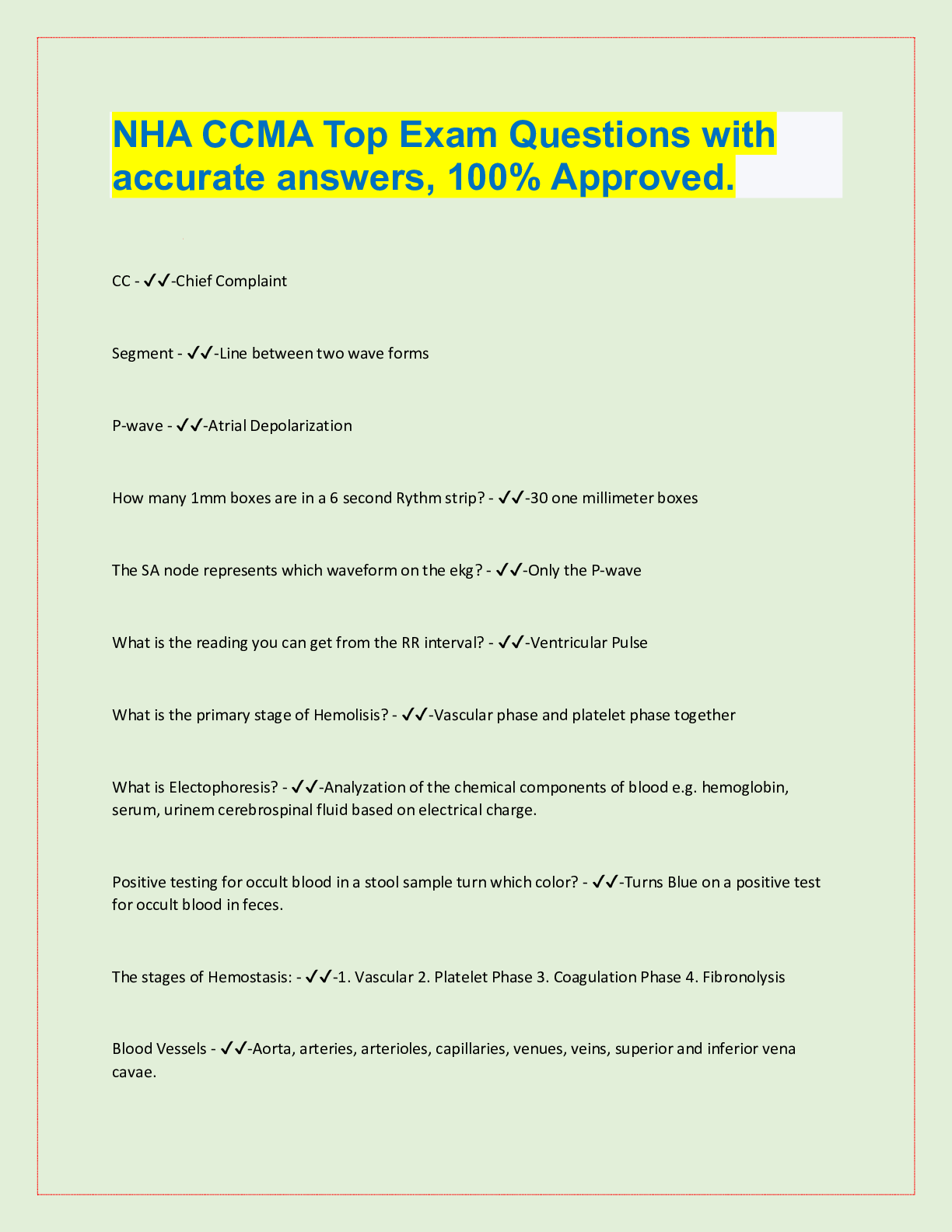 Preview image for NHA CCMA Top Exam Questions with  accurate answers, 100% Approved. CC - ✔✔-Chief Complaint